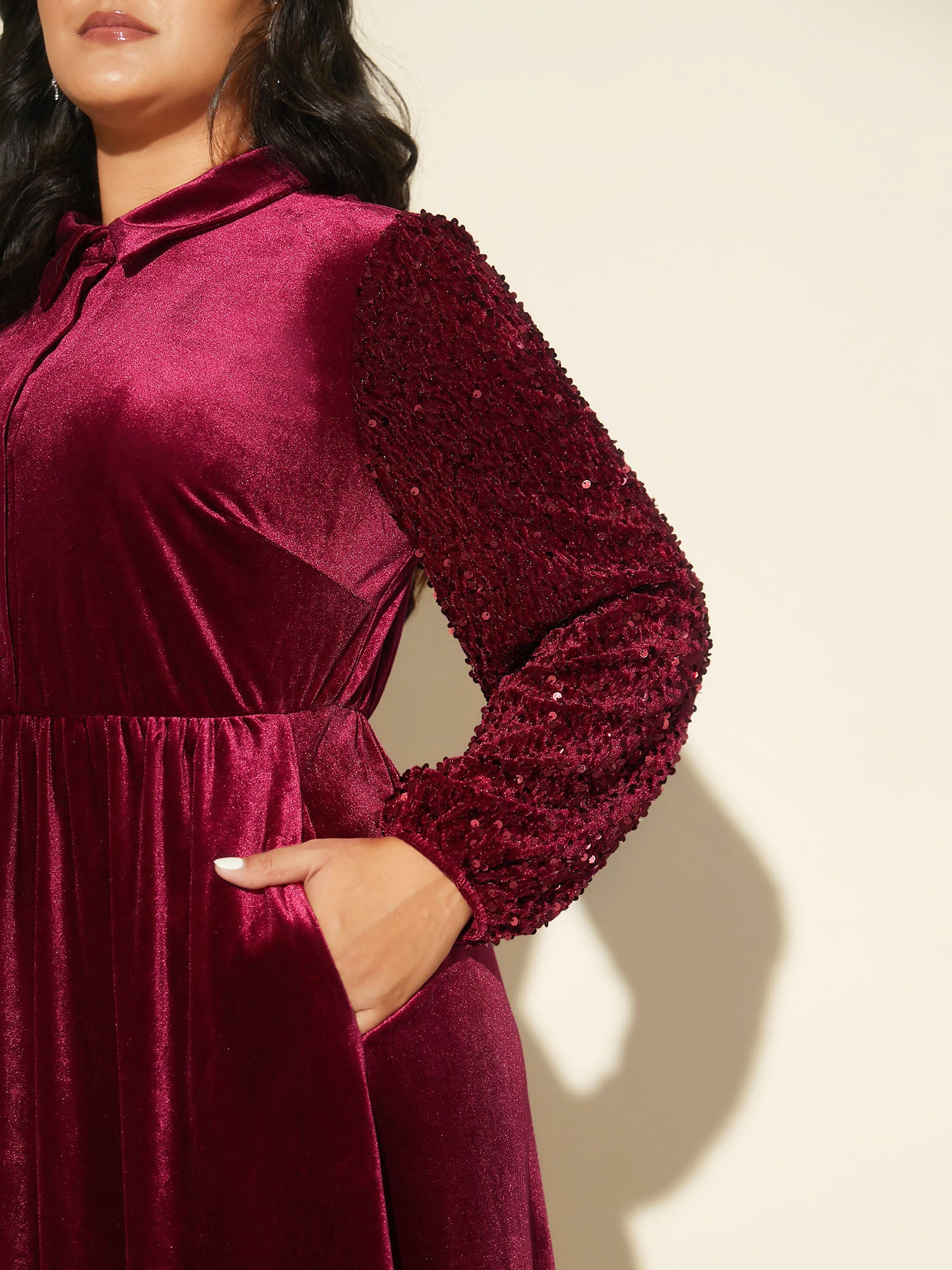 Shimmery Embellishments Shirt Collar Midi Dress