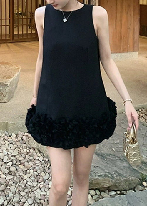 Black Original Design Solid Cotton Mini Dresses O Neck Summer
