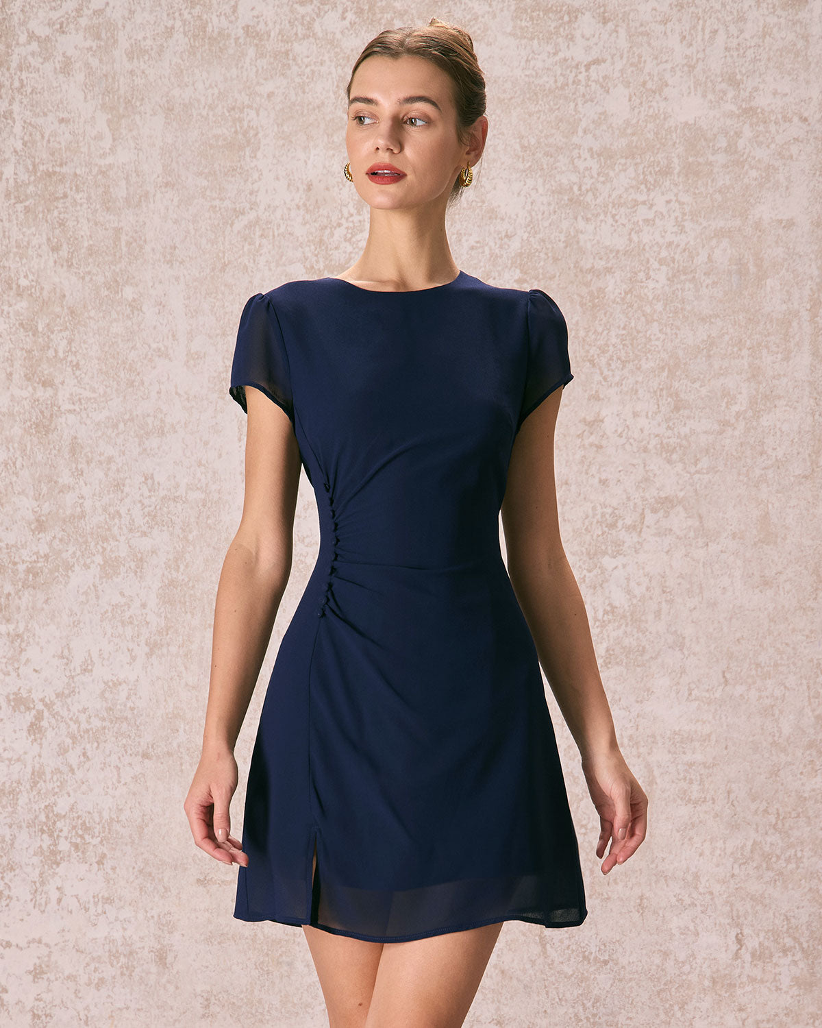 The Navy Round Neck Side Split Mini Dress