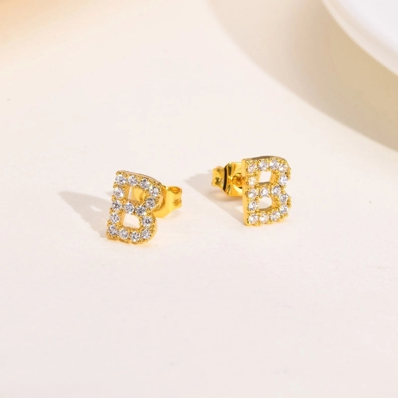 1 Pair Minimalist Letter Inlay Copper Zircon Ear Studs