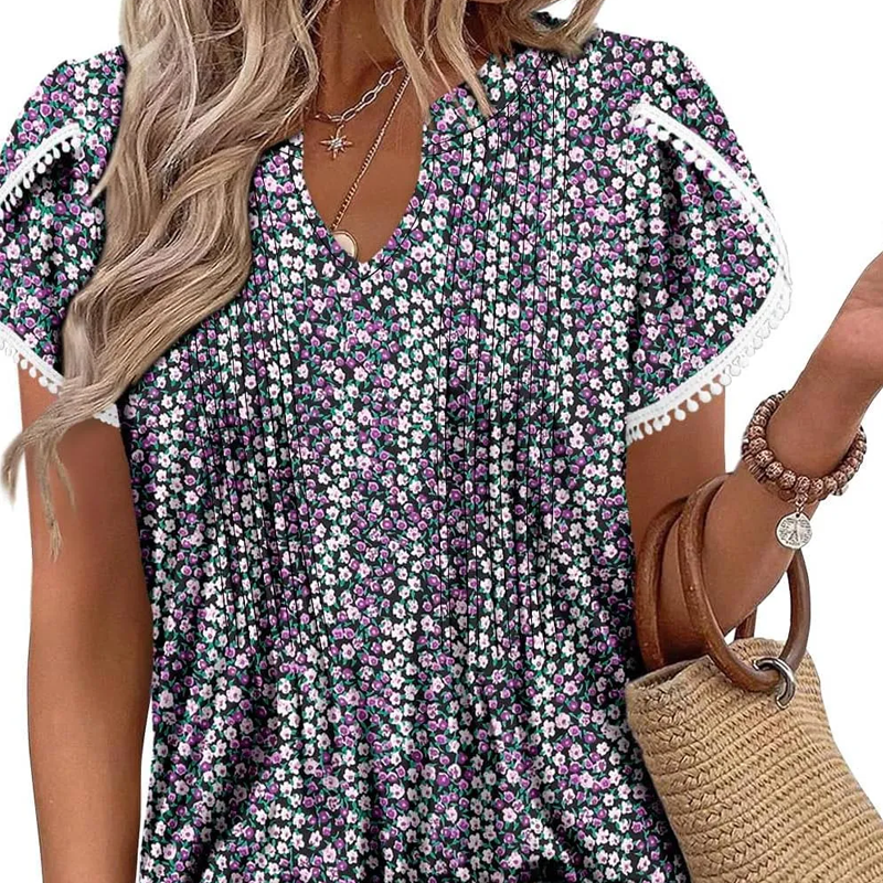 🌷Women's Cute Fringe Cuff Short-Sleeve Printed Tops