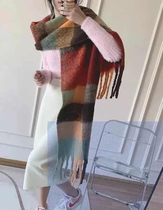 Autumn And Winter New Thick Warm Color Plaid Scarf Loop Yarn Thick Tassel Color Matching Ac Shawl Scarf Women