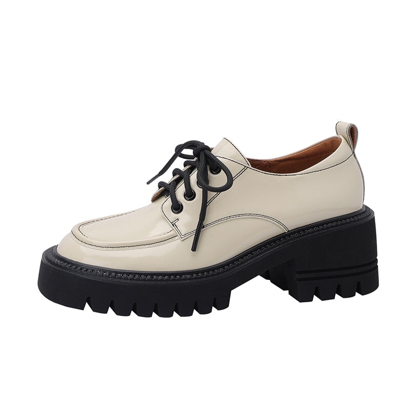 British Style Chunky Block Heel Derby Shoes Lace-Up Casual Oxford Shoes in Black/Beige