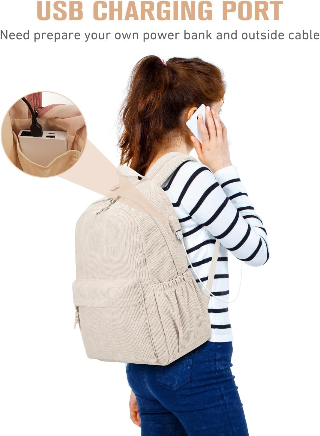 School Backpack for Teens Girls Boys, Large Corduroy College Bookbag Lightweight Backpack Purse for Women Fit for 15.6 Inch Laptop (Beige)