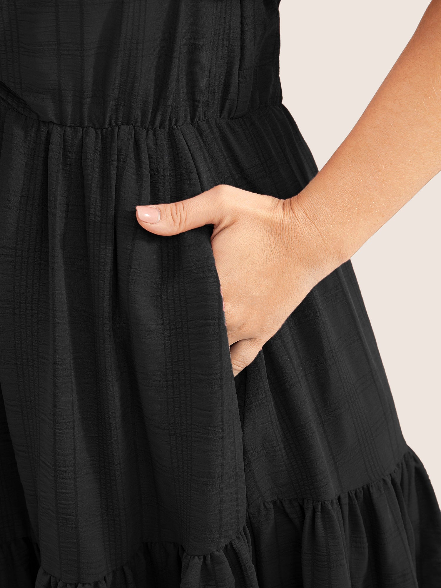 Plain Ruched Drawstring Pocket Ruffle Tiered Dress