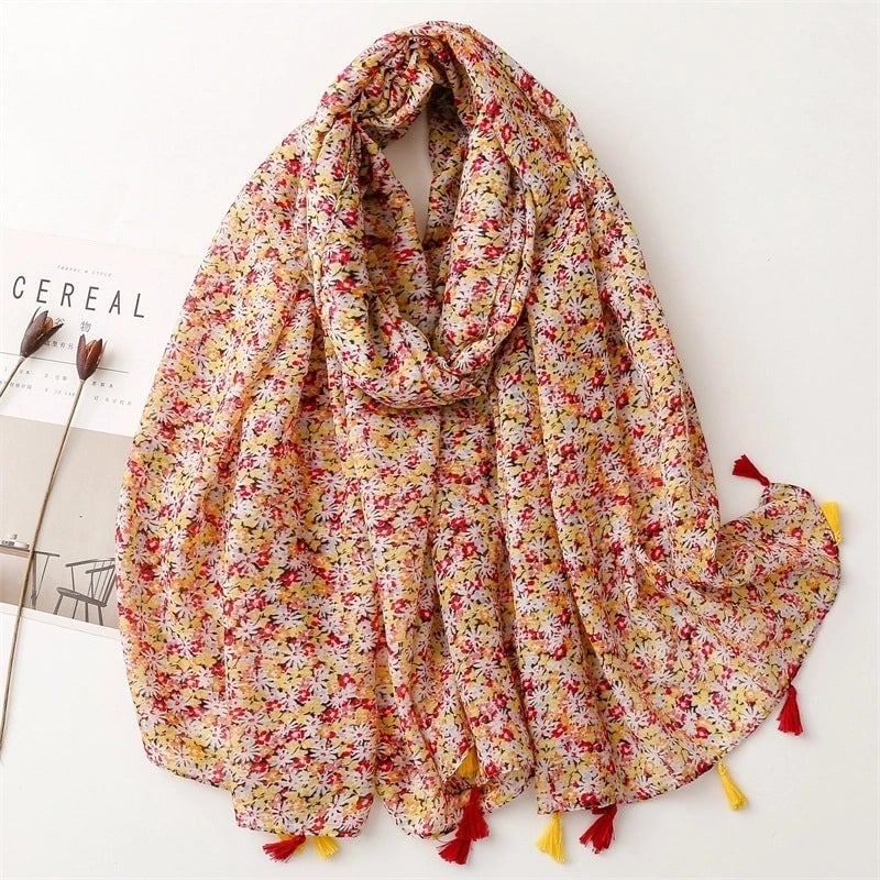 Yarn Cotton Fruit Green Bright Yellow Leaf Printing Tassel Scarf Shawl