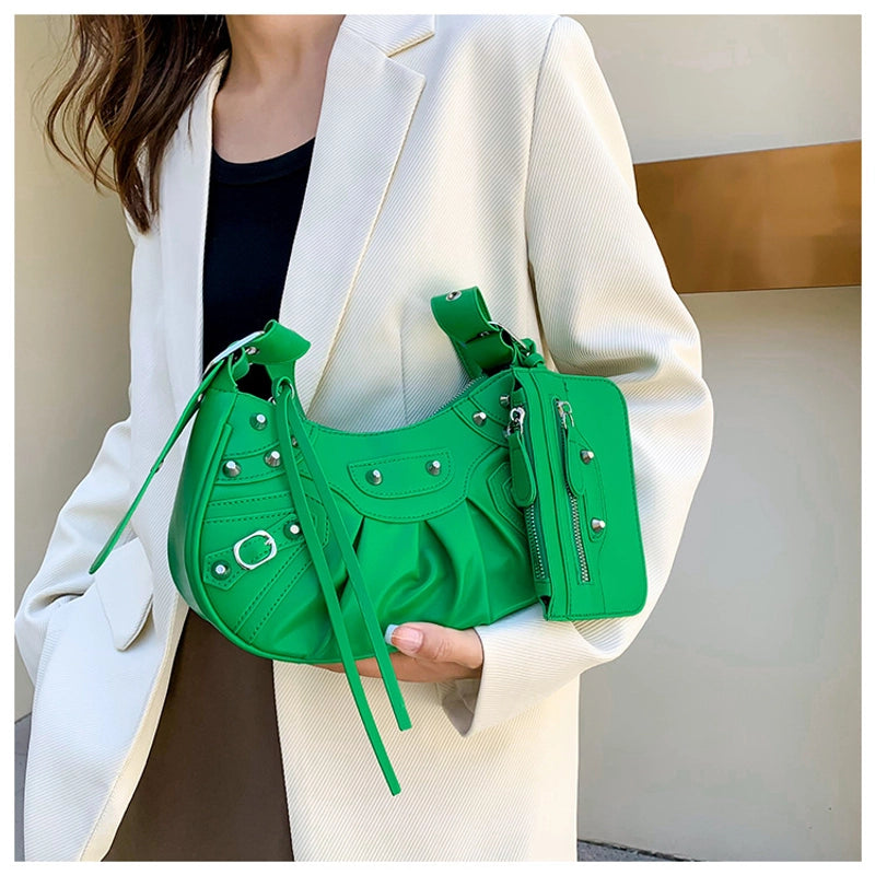 Women's Medium Summer Autumn Pu Leather Solid Color Fashion Rivet Dumpling Shape Zipper Bag Sets