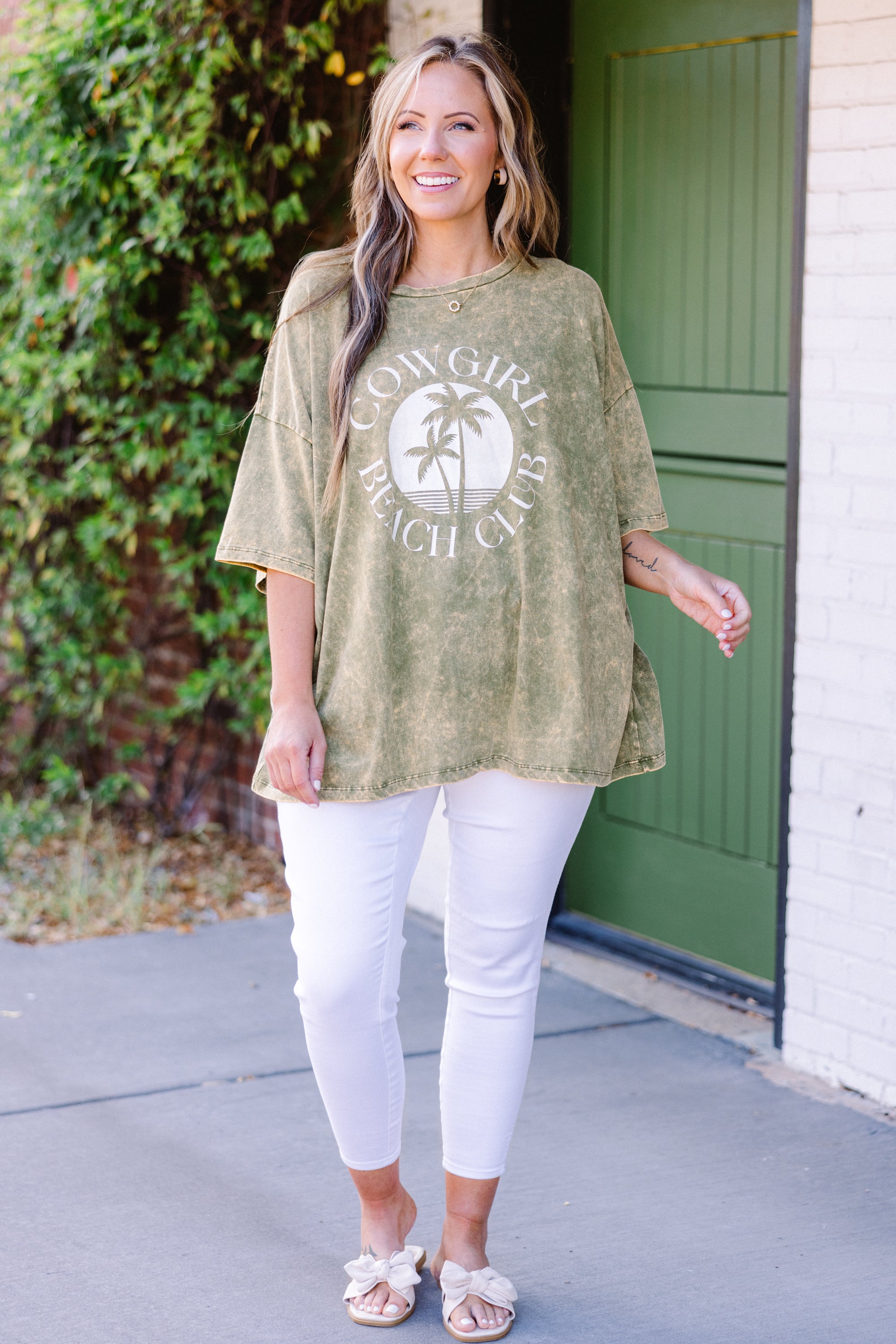 Cowgirl Club Acid Wash Boyfriend Tee. Golden Olive