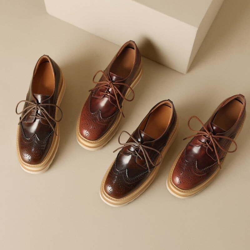 Women Round Toe Lace Up Leather Chunky Brogue Shoes Platform Oxfords in Brown/Red