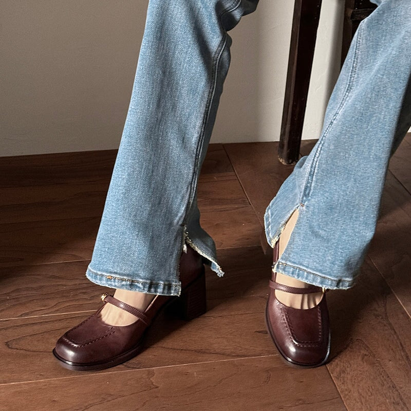 Women's Genuine Leather Mary Jane Pumps 65mm Block Heel in Brown/Black