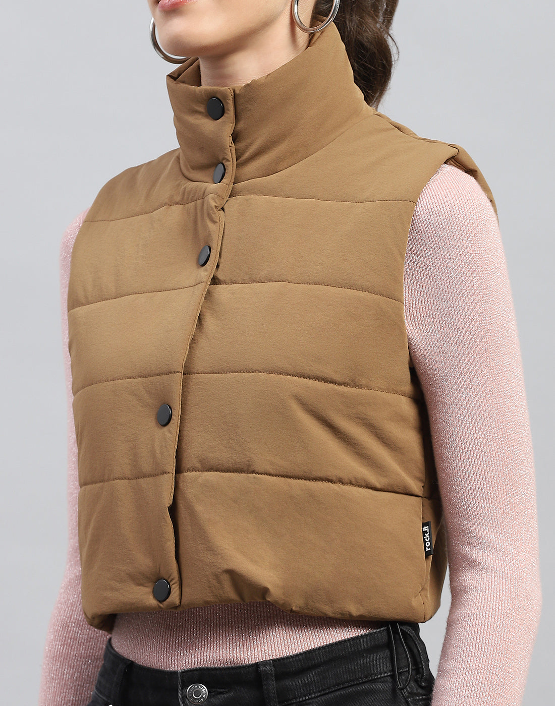 Women Brown Solid Mock Neck Sleeveless Jacket
