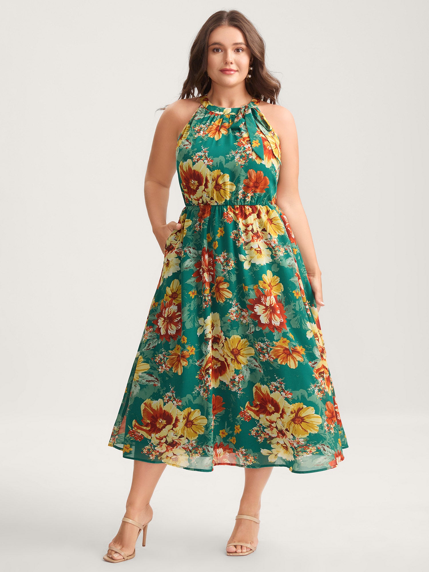 Large Floral Print Stretchy-Waist Midi Dress