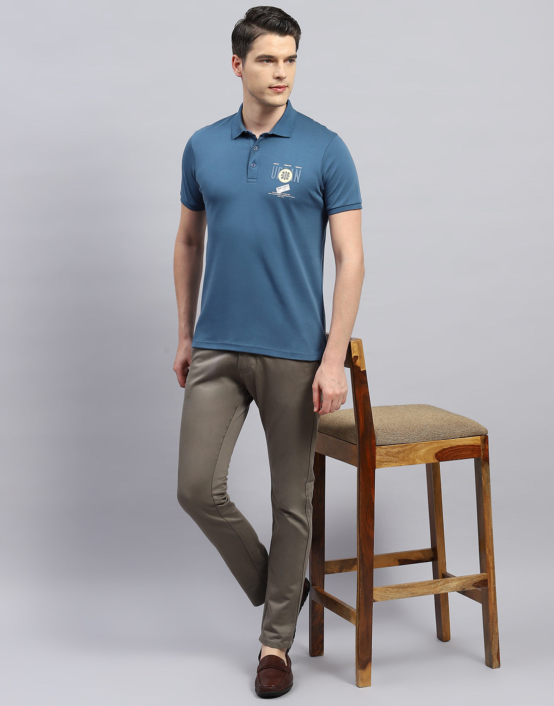 Men Teal Blue Printed Polo Collar Half Sleeve T-Shirt