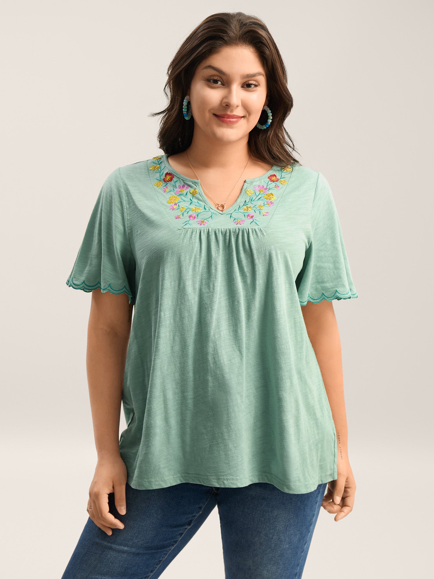 Pure Cotton Embroidered Pleated T-Shirt