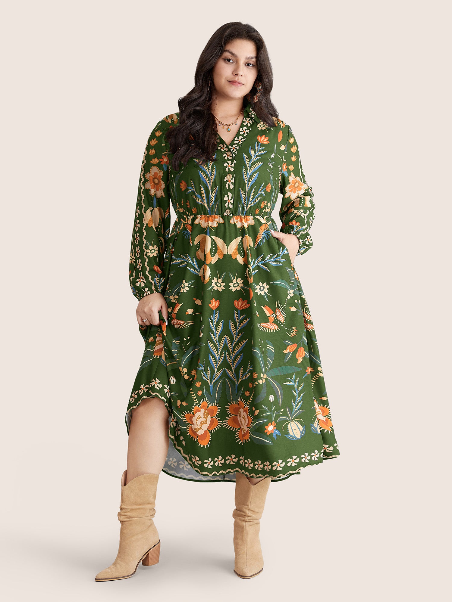 Bandana Print Pocket Lapel Collar Elastic Cuffs Dress