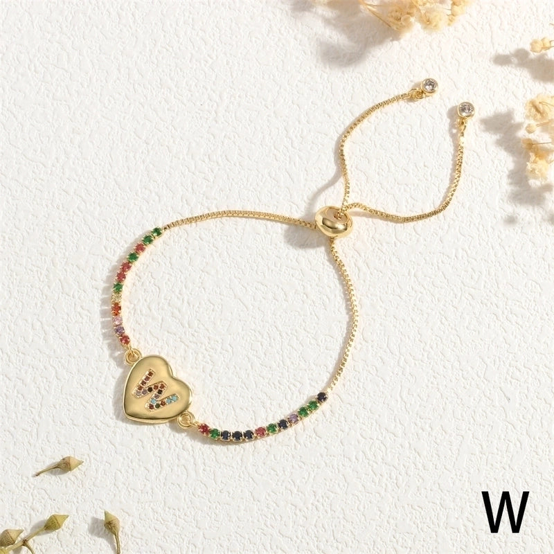 Copper 18K Gold Plated Elegant Romantic Sweet Letter Heart Shape Inlay Zircon Bracelets