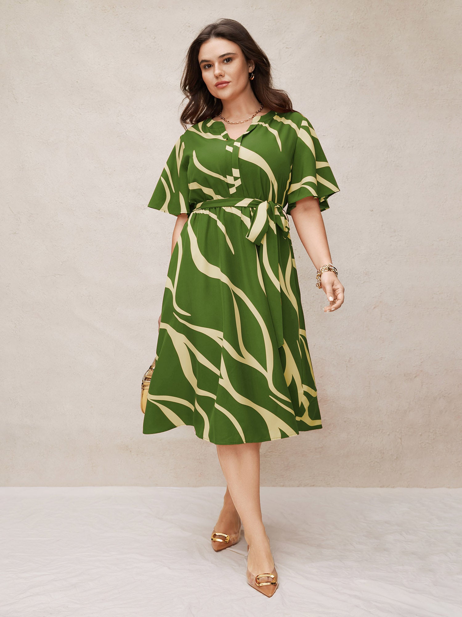 Geometric Surplice Neck Tie Knot Midi Dress