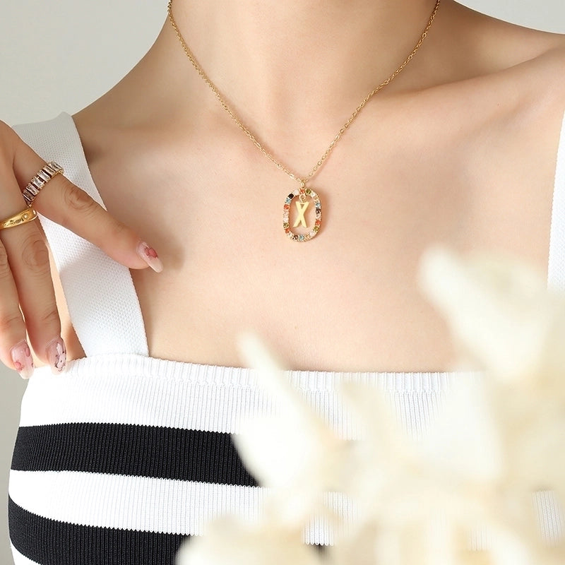 INS Style Letter Oval Titanium Steel Zircon 18K Gold Plated Inlay Necklace