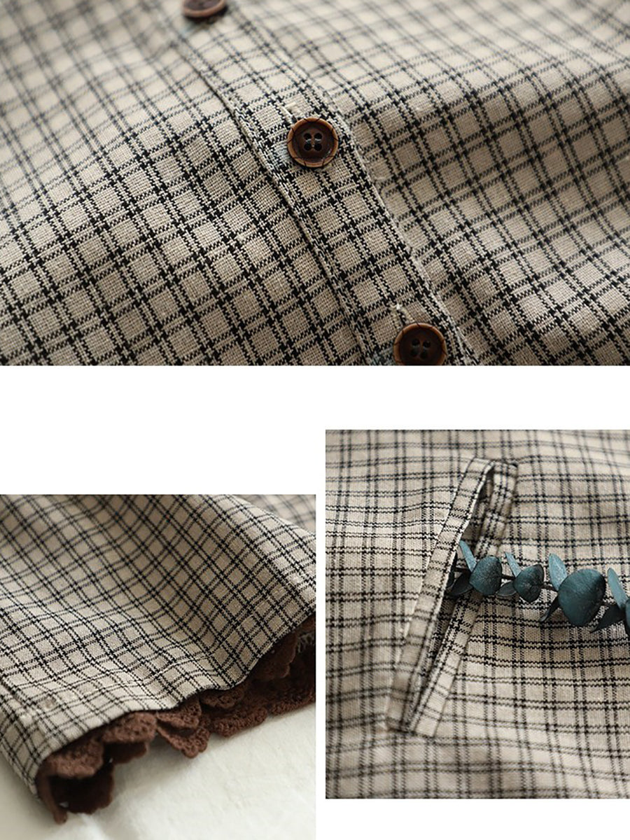 Plus Size Women Summer Vintage Plaid Turn-down Collar Shirt