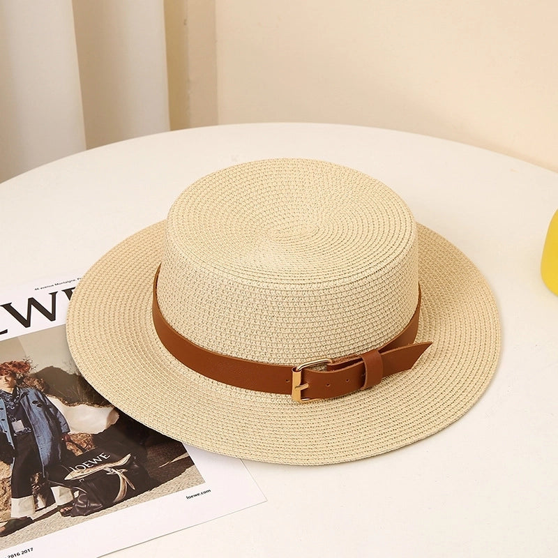 Women's Pastoral Solid Color Belt Buckle Wide Eaves Straw Hat