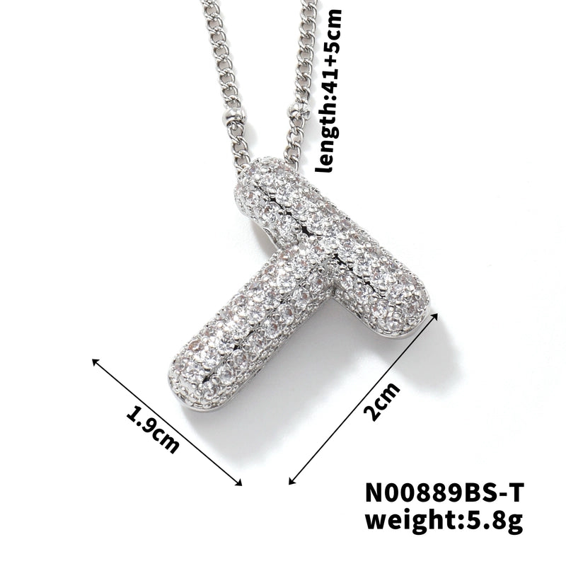 304 Stainless Steel Copper Rhodium Plated Three-dimensional Inlay Letter Zircon Pendant Necklace