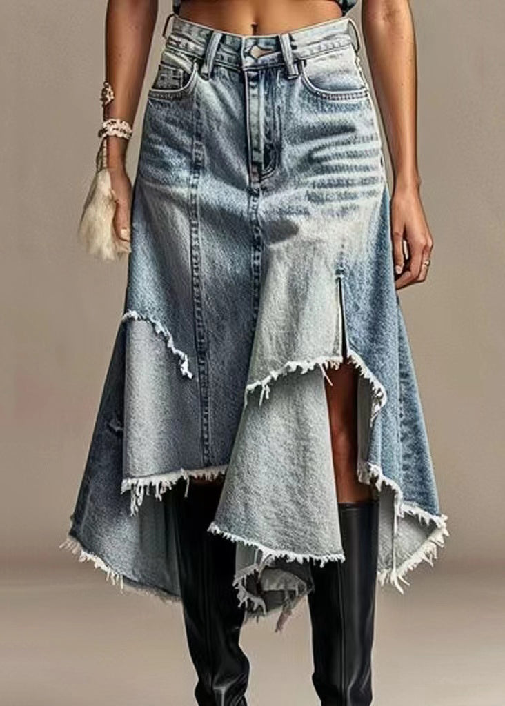 Modern Light Blue Asymmetrical Pockets High Waist  Summer