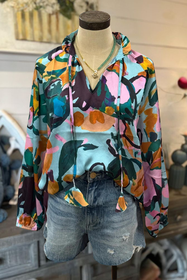 Teal Abstract Floral Blouse