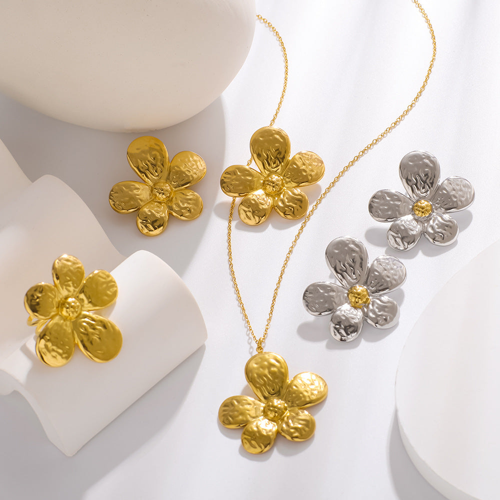 Multicolor Flower Jewelry Set Stainless Steel 18K Real Gold Pleated Women'S Necklace Earrings Ring
