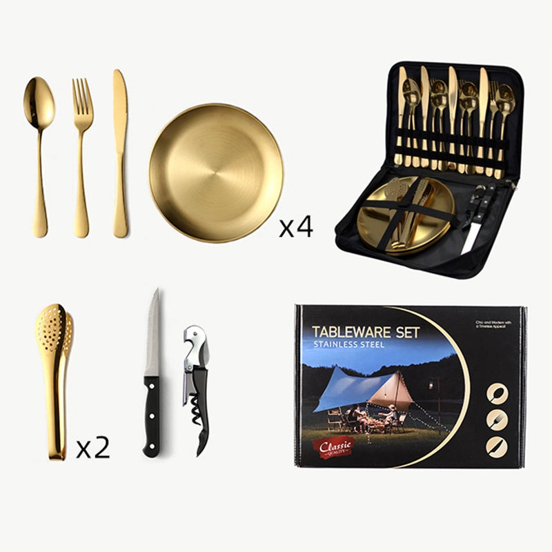 Outdoor Travel Stainless Steel Tableware Camping Picnic Barbecue Plate Clip Steak Knife. Fork And Spoon Suit Portable Storage Bag