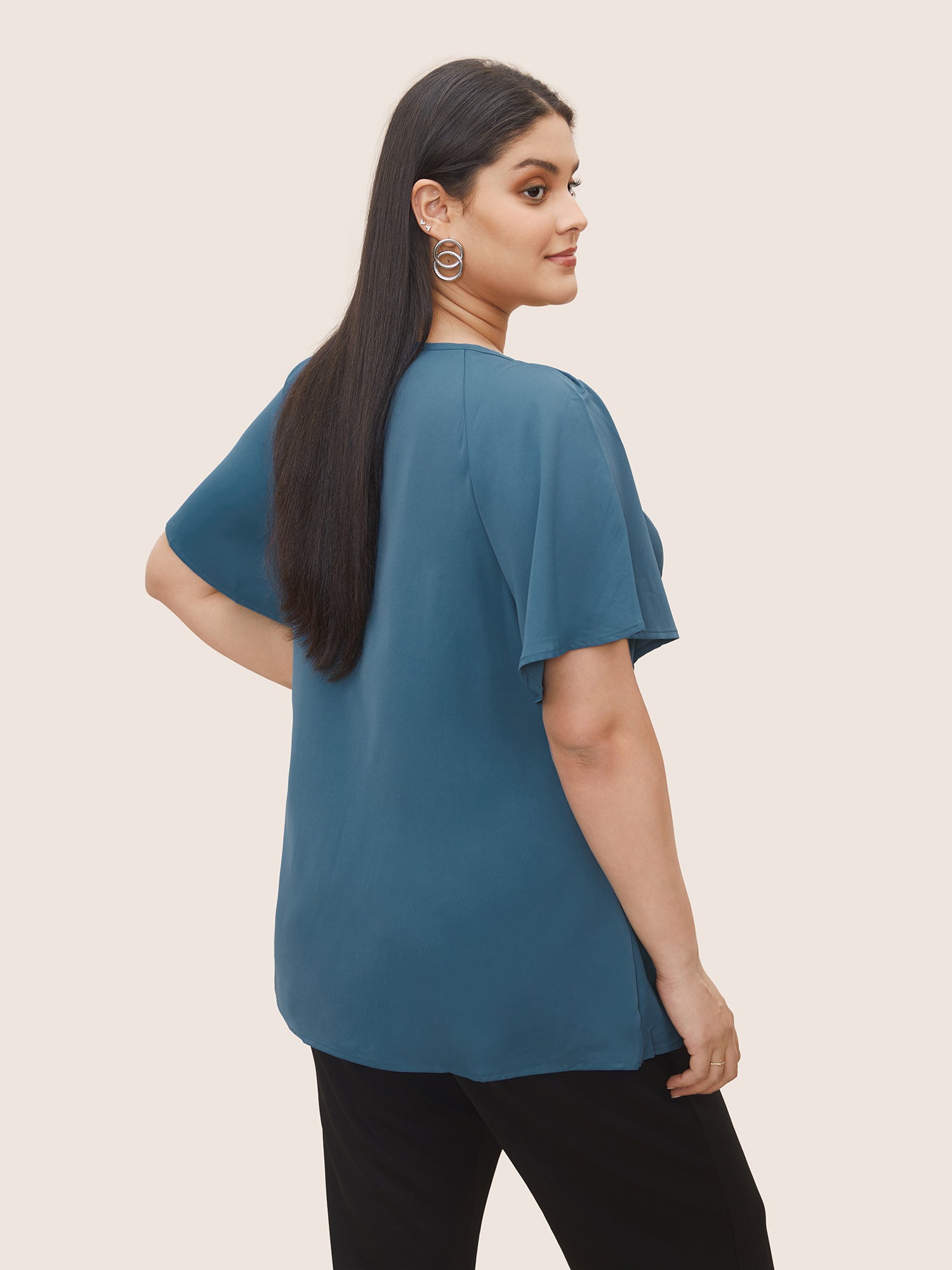Plain Keyhole Knotted Front Ruffle Sleeve Blouse
