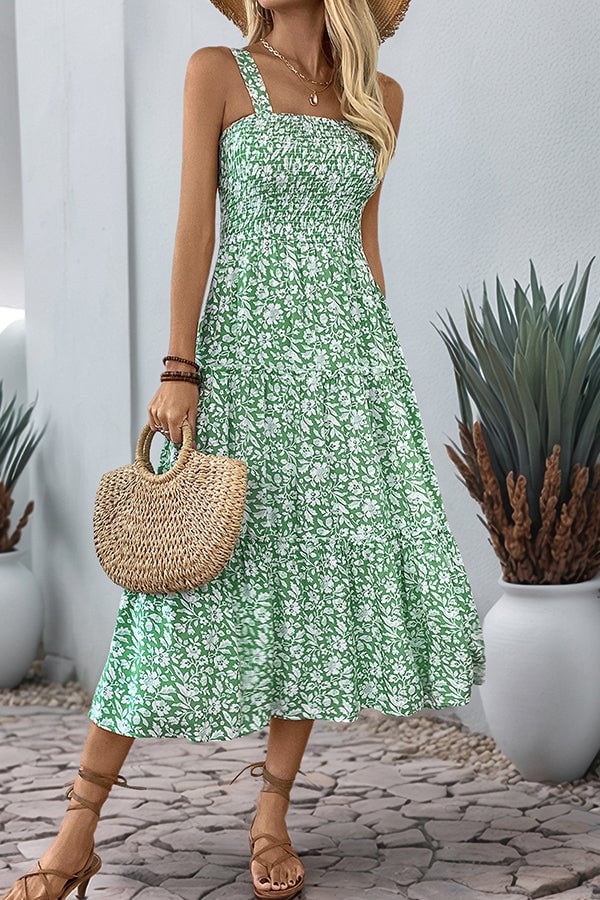 Fashion Smocked Floral Print High Waist Casual Dress
