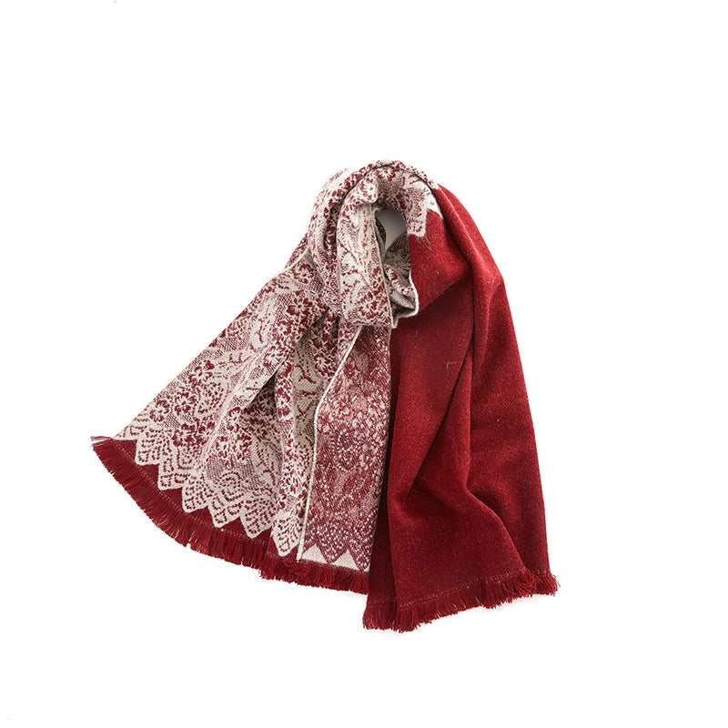 Niche Warm High-grade Scarf Women's Solid Color Cashmere Versatile Lace Stitching Dual-purpose Scarf