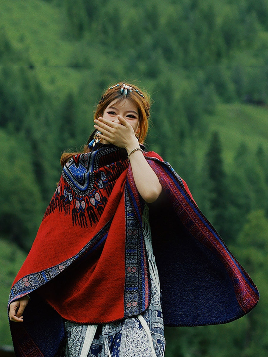 Women Vintage Travel Colorblock Warm Shawl