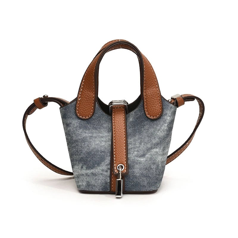 Girl'S Pu Leather Color Block Streetwear Bucket Lock Clasp Shoulder Bag Handbag Crossbody Bag