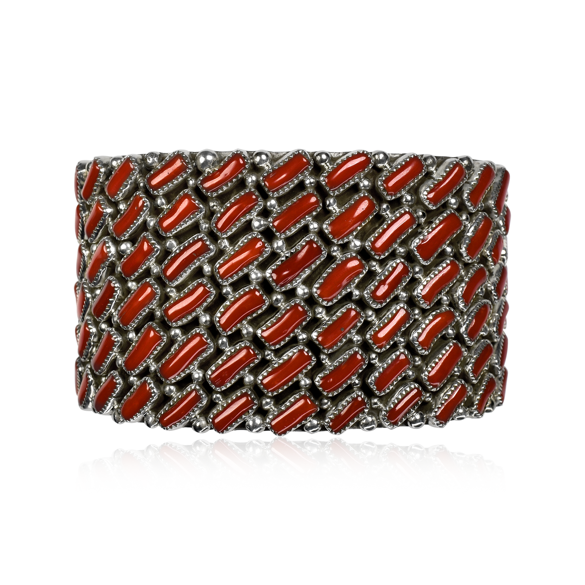 Sea of Japan Baguette Cut Coral and Sterling Silver Cuff