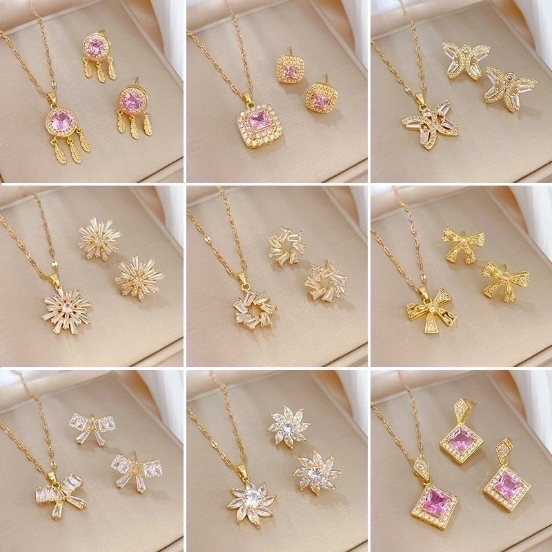 Copper Minimalist Plating Inlay Rhombus Bow Knot Zircon Jewelry Set