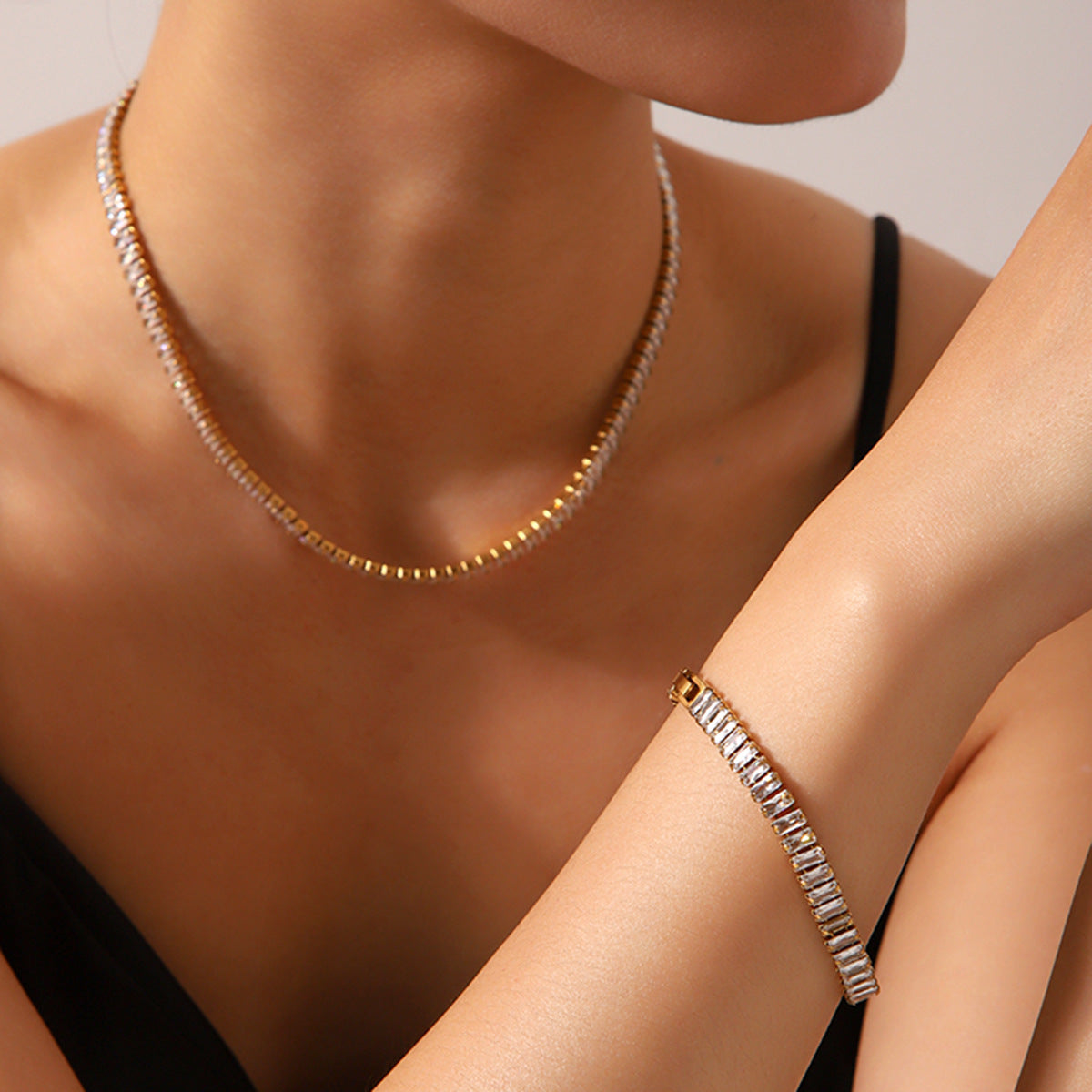 Ins Style Stainless Steel Inlaid Square Zircon Necklace Bracelet Clavicle Chain