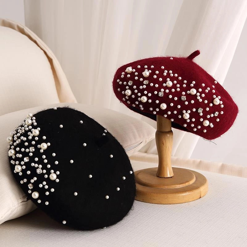 Style Pearl Rhinestone Wool Beret Women's Autumn And Winter British Style Retro Korean Style Japanese Style Western Style Painter Hat