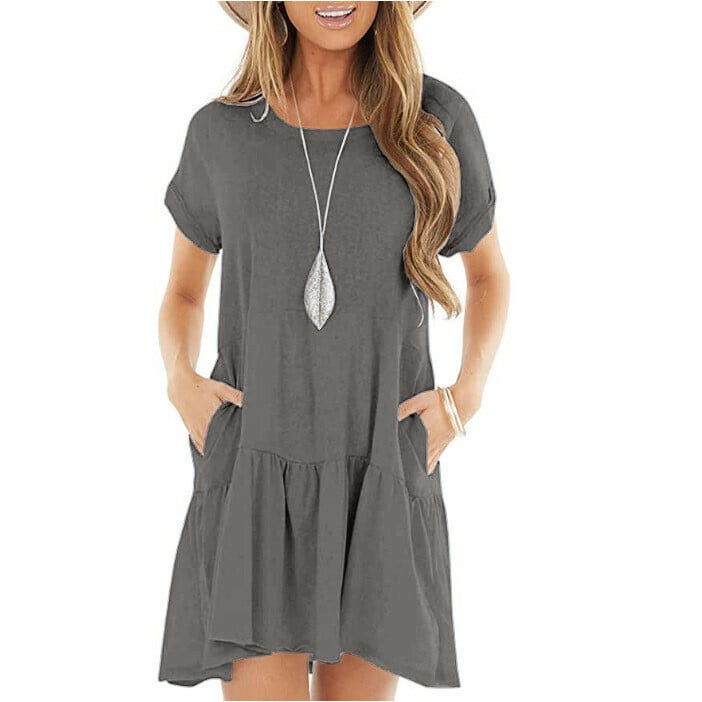 🔥🔥Round neck short sleeve large hem mid-length dress