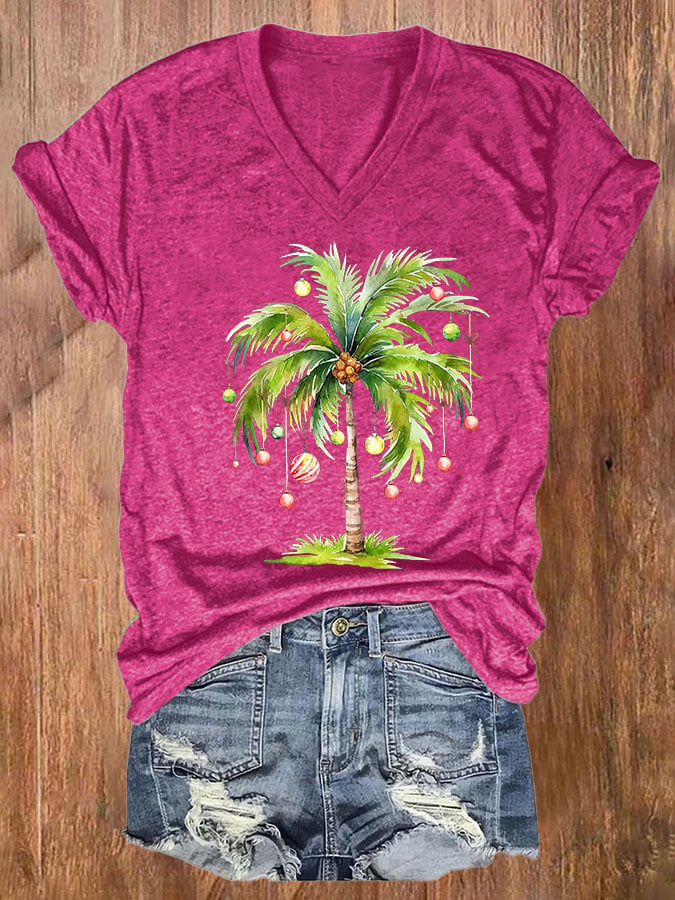 Women's Casual Christmas Palm Tree Printed Short Sleeve T-Shirt