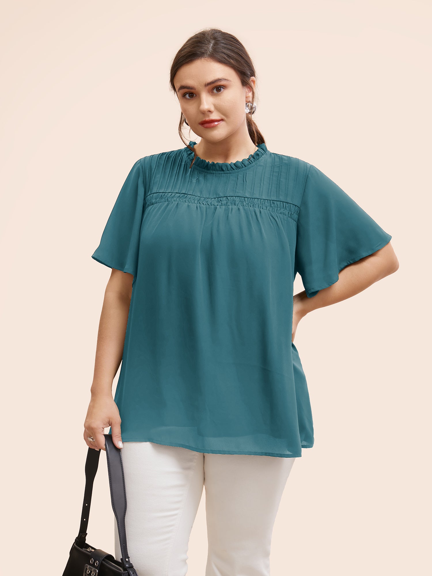 Anti-Wrinkle Shirred Ruffle Sleeve Mesh Frill Trim Blouse