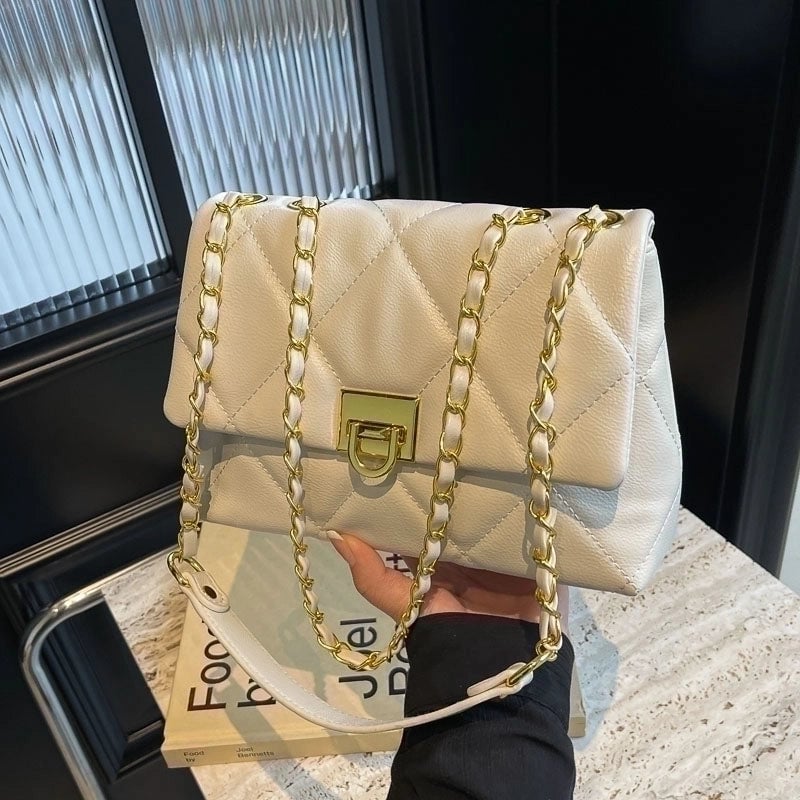 Women's Lingge Classic Style Sewing Thread Square Lock Clasp Shoulder Bag
