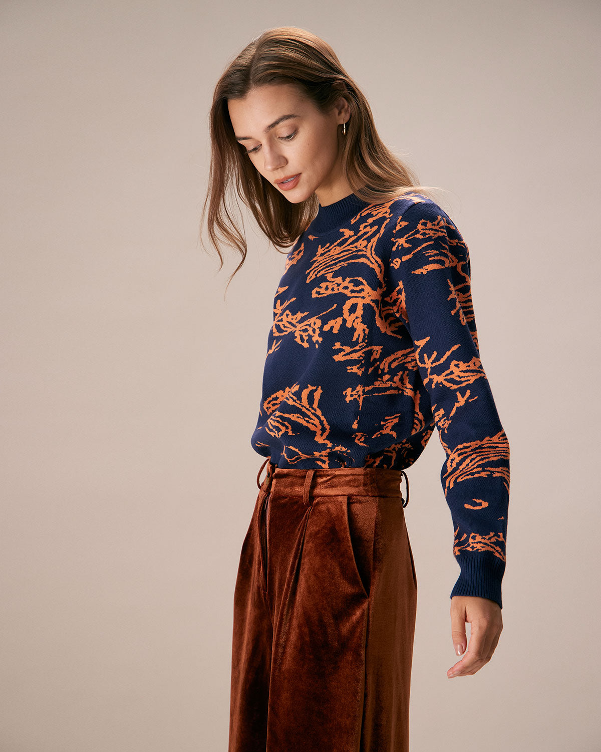 The Navy Mock Neck Abstract Print Sweater