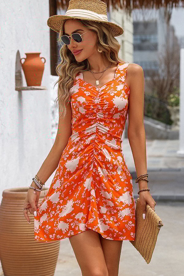 V Neck Ruched Sleeveless Mini Dress