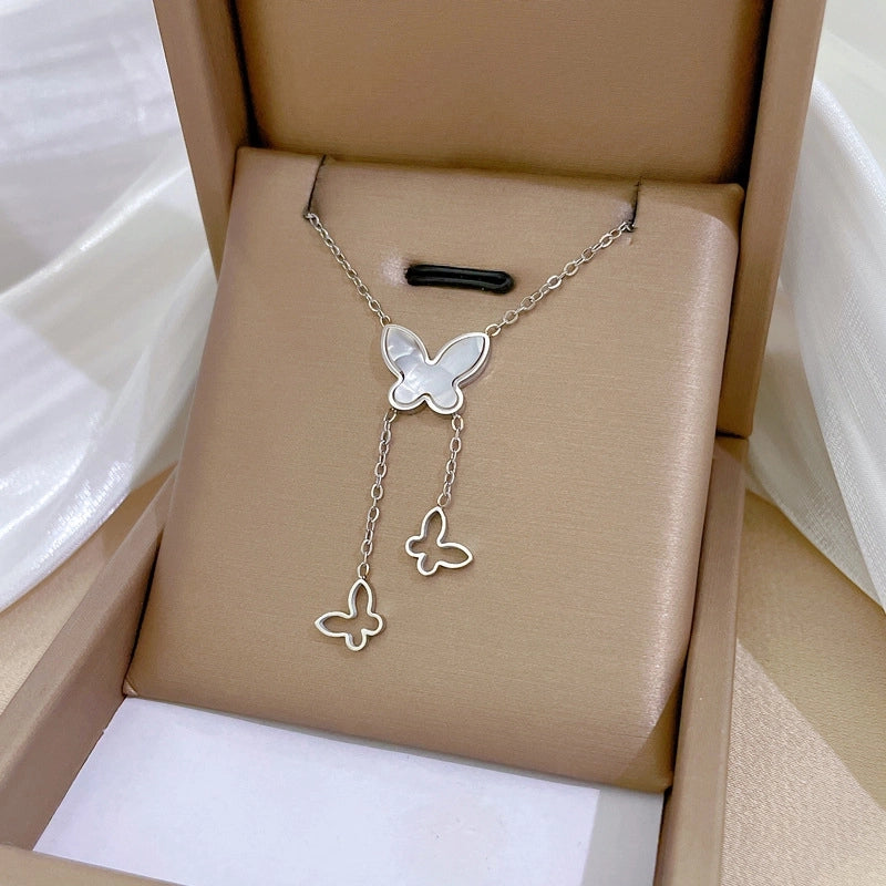 Minimalist Circle Letter Butterfly Titanium Steel Plating Inlay Rhinestones Necklace