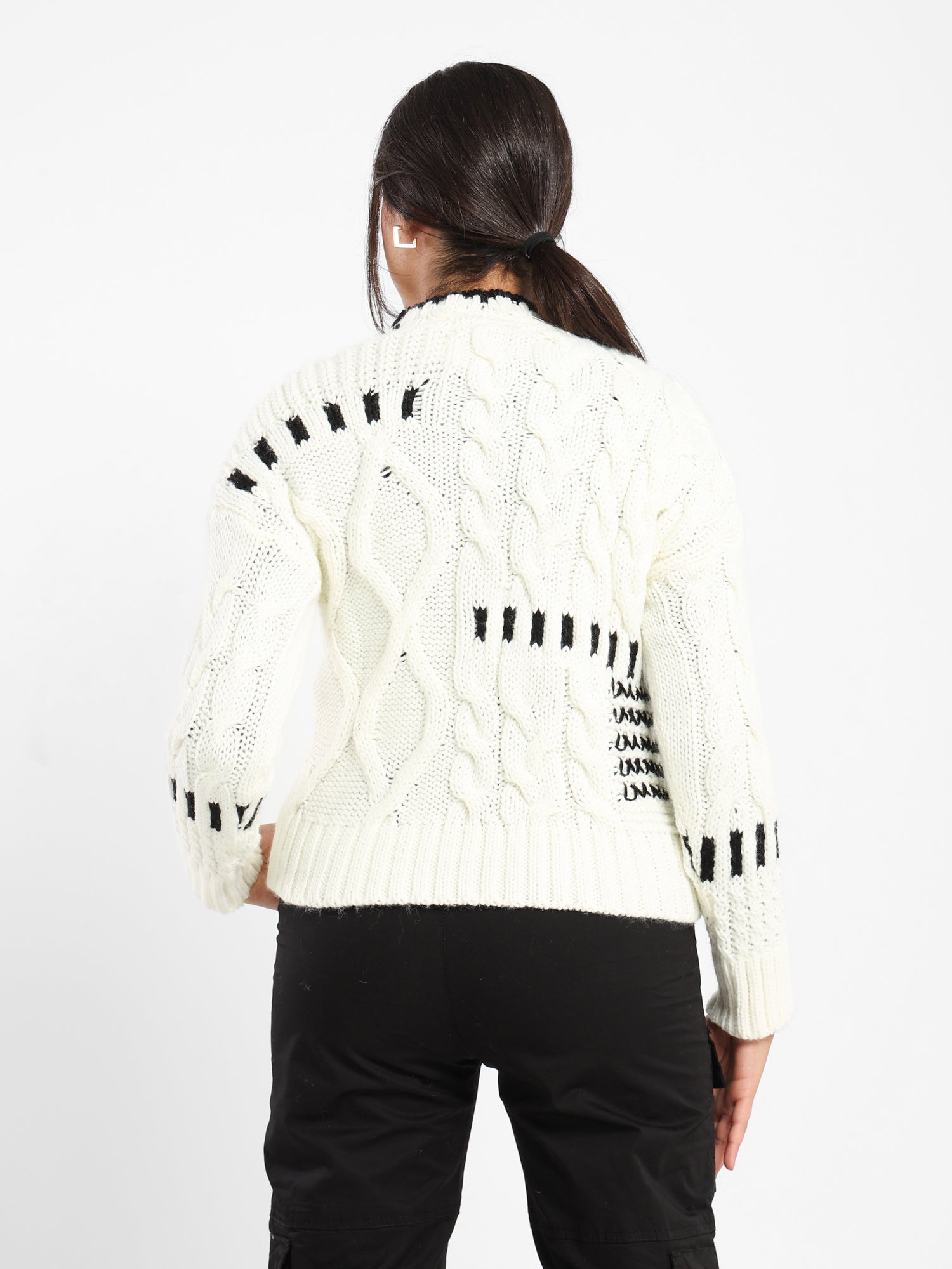 Mixed Knit Sweater with Contrast Trim