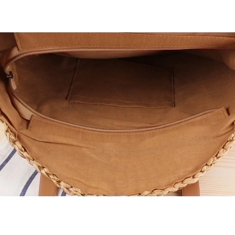 Women's Large Straw Stripe Vacation Round Zipper Straw Bag