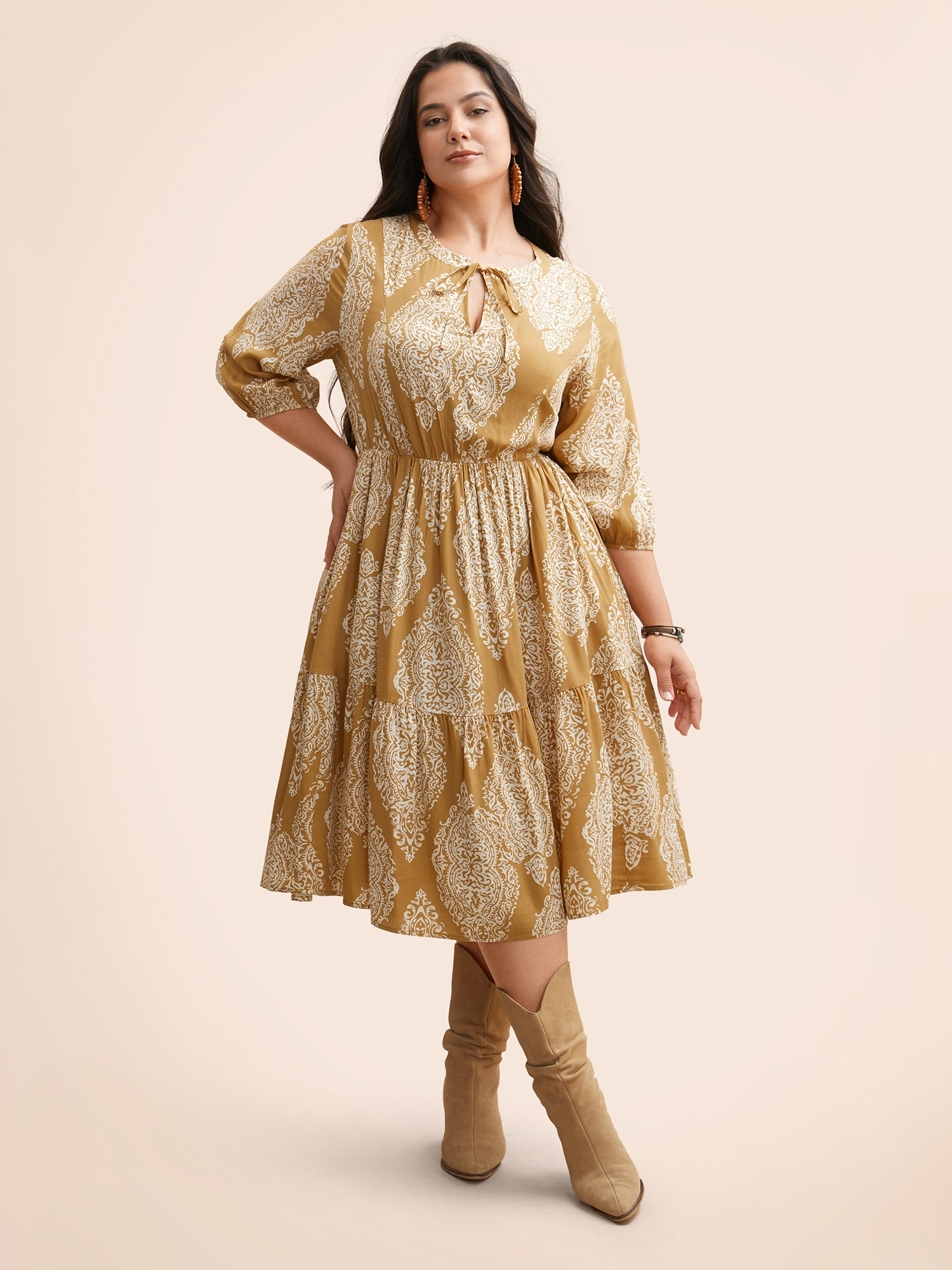 Boho Print Tie Knot Puff Sleeve Dress