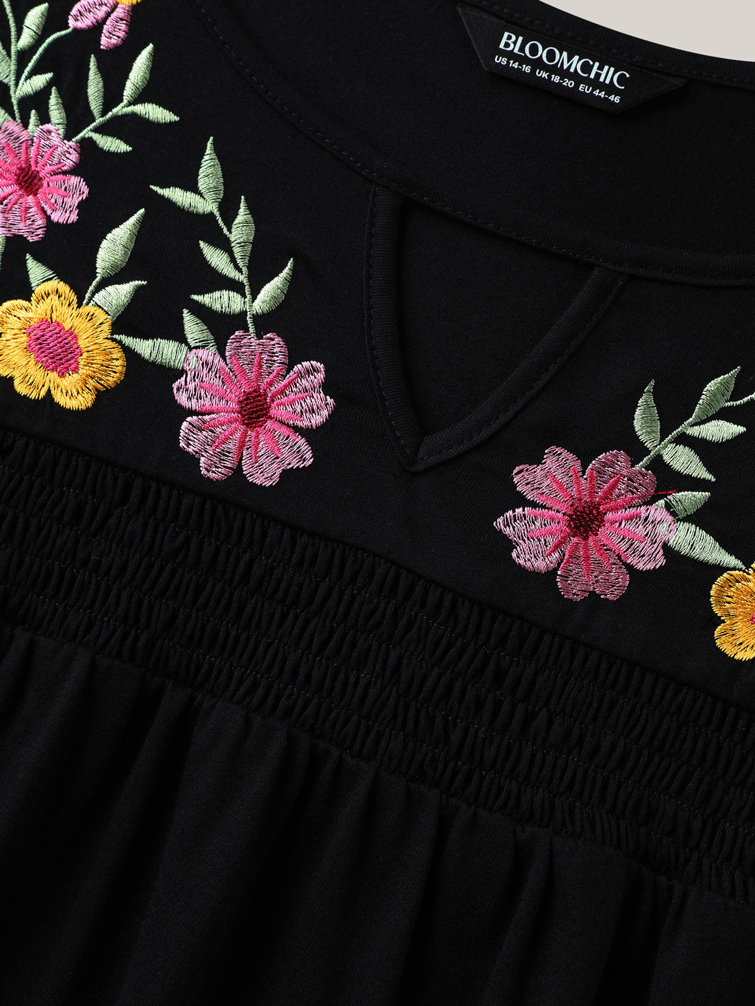 Floral Embroidered Neckline Flared Sleeve Top