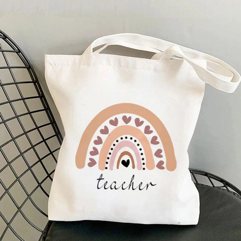 Hot Selling Kawaii Heart-shaped Printed Tote Bag For Teachers And Students One-shoulder Large Capacity White Cotton Bag